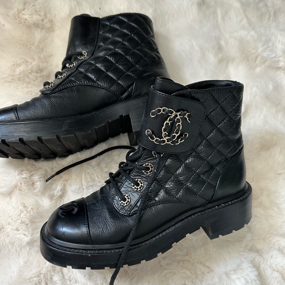CHANEL Black Quilted Combat Boots - Picture 2 of 8